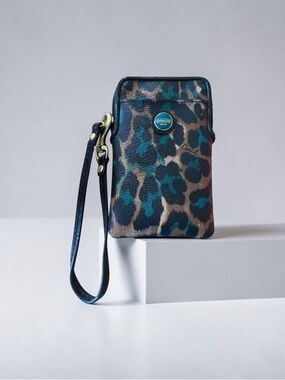 Coach Leopard Print Wristlet Brown Teal Black Leather Strap Pouch